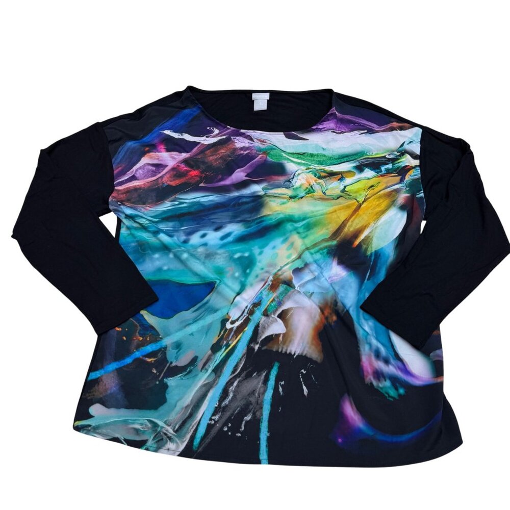 Chico's Women's Abstract Print LS Blouse Top Black/Multicolor, Size 2 (US L)